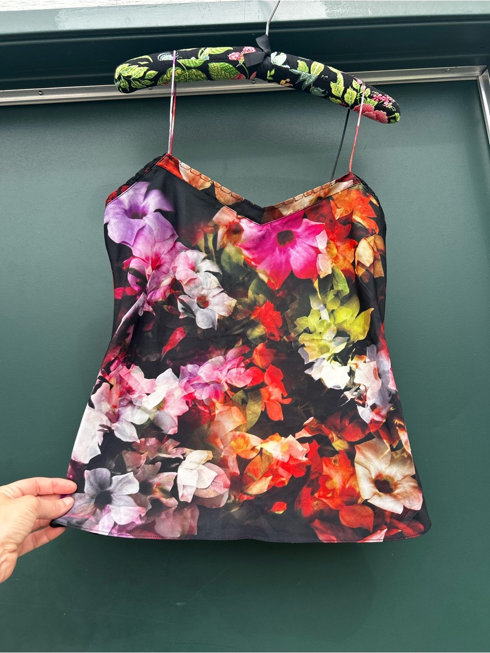 Ted Baker London black spaghetti strap top with multicolor floral pattern